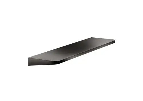 Schwarze, polymere Ablage mit schmalem Design, montiert an der Wand. Produktname "AXOR" sichtbar. Eignet sich für verschiedene Dekorationszwecke in Innenräumen.